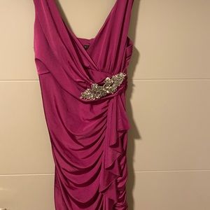 Magenta ruched mini dress with embellishment